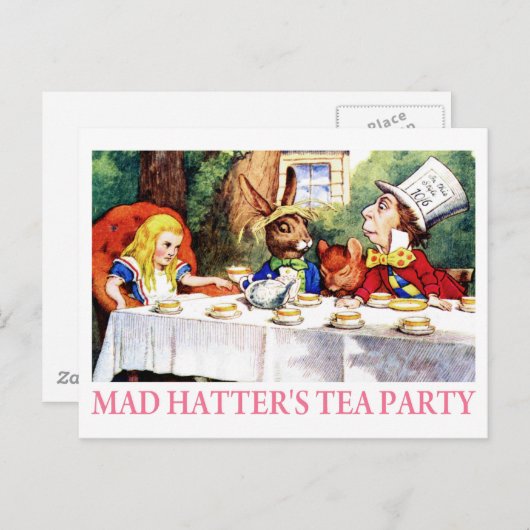 DE TEA PARTIJ VAN DE MAD HATTER UITNODIGING BRIEFKAART (Voorkant / Achterkant)