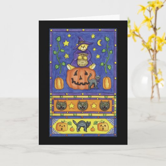 De teddybeer van Halloween op pompoen Kaart (Gele Bloem)