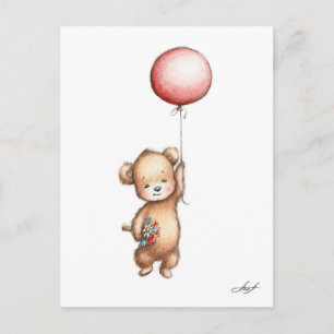 De tekening van Teddybeer met Rode Ballon en Flo Briefkaart