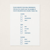 De tekst van het de maaltijdkeus van het huwelijk  visitekaartje (Achterkant)