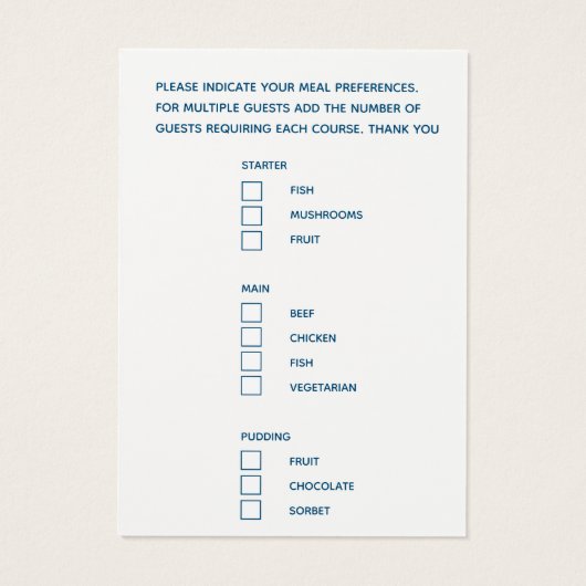 De tekst van het de maaltijdkeus van het huwelijk visitekaartje (Achterkant)