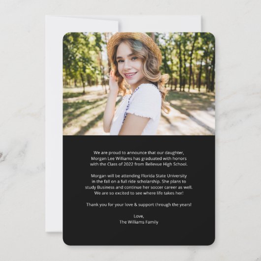 De Tekst van het Manuscript van Trendy, Afstuderen Aankondiging (Achterkant)