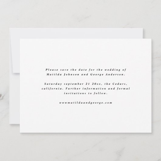 De tekstfoto van het manuscript elegant moderne br save the date (Achterkant)