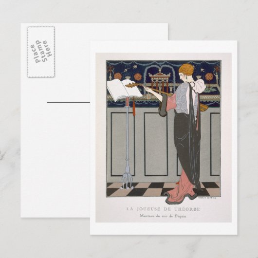 De Theorbo Player, ontwerp voor een avondjas door Briefkaart (Voorkant / Achterkant)