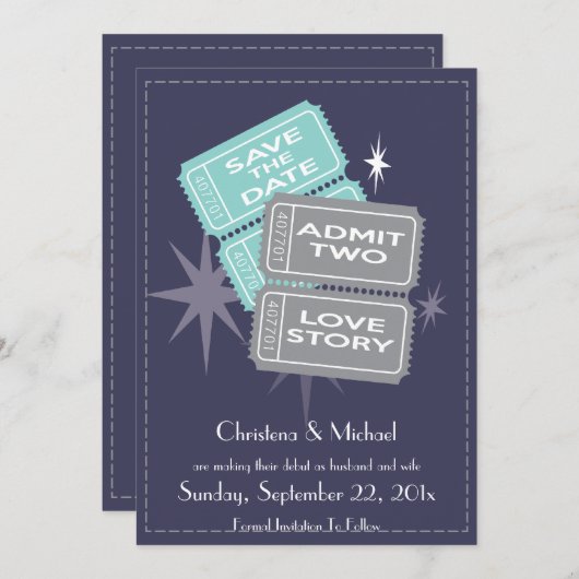 De Tickets van de film sparen de DatumKaart (Blauw Save The Date (Voorkant / Achterkant)