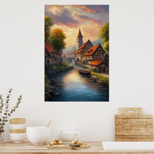 De tijdloze charme van een middeleeuws dorp poster (Keuken)