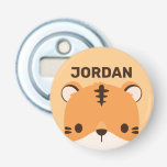 De Tijger van de klap met Persoonlijke Naam Button Flesopener<br><div class="desc">Een schattig ontwerp om je dag op te helderen. Dit ontwerp bevat een leuke illustratie van de tijgercartoon met een gepersonaliseerde naam in de bruine moderne sans serif lettertype stijl op de oranje pastelachtergrond. Perfecte persoonlijke cadeaus voor kinderen.</div>