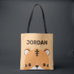 De Tijger van de klap met Persoonlijke Naam Tote Bag<br><div class="desc">Een schattig ontwerp om je dag op te helderen. Dit ontwerp bevat een leuke illustratie van de tijgercartoon met een gepersonaliseerde naam in de bruine moderne sans serif lettertype stijl op de oranje pastelachtergrond. Perfecte persoonlijke cadeaus voor kinderen.</div>