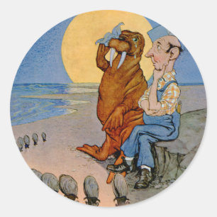 De timmerman en de walrus en de oesters ronde sticker