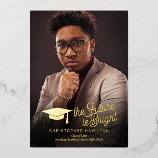 De toekomst is het Bright Gold Script Photo Afstud Folie Uitnodiging (Voorkant)