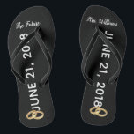 De toekomstige Teenslippers van mevrouw Bridal | A<br><div class="desc">Deze zwarte en witte bruideteenslippers kunnen met de nieuwe achternaam van de bruid worden aangepast. De teenslippers van de bruiloft zeggen: "De toekomstige mevrouw" en een plek om de trouwdatum van het echtpaar in te voeren. Elke schoen heeft ook twee gouden trouwringen afgebeeld. Bridal teenslippers maken een mooie toevoeging aan...</div>