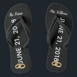 De toekomstige Teenslippers van mevrouw Bridal | A<br><div class="desc">Deze zwarte en witte bruideteenslippers kunnen met de nieuwe achternaam van de bruid worden aangepast. De teenslippers van de bruiloft zeggen: "De toekomstige mevrouw" en een plek om de trouwdatum van het echtpaar in te voeren. Elke schoen heeft ook twee gouden trouwringen afgebeeld. Bridal teenslippers maken een mooie toevoeging aan...</div>