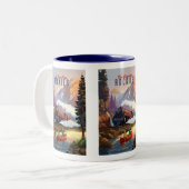 De trein stroomt in de Rocky Mountains. Tweekleurige Koffiemok (Voorkant links)