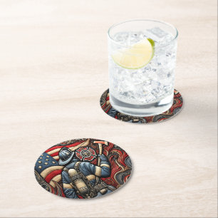 De trotse eerbetoon van de brandweer in de kunst ronde kartonnen onderzetter