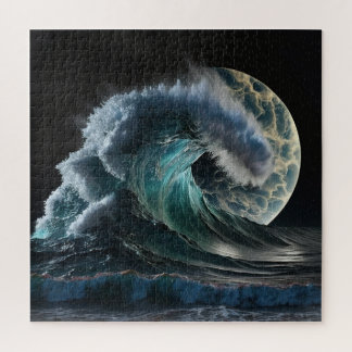 De tsunami stroomt in de gloed van het maanlicht. legpuzzel
