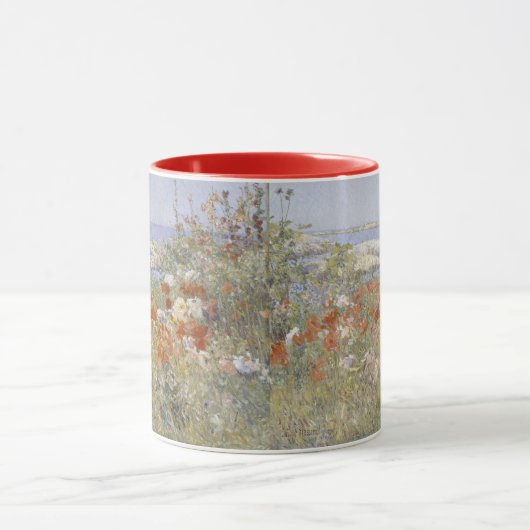 De tuin van Celia Thaxter van Frederick Childe Has Mok (Midden)