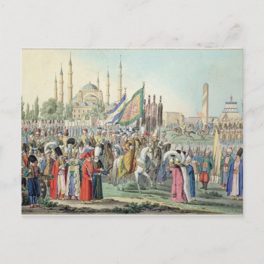 De Turkse sultan herziet zijn Janissaries (engr Briefkaart (Voorkant)