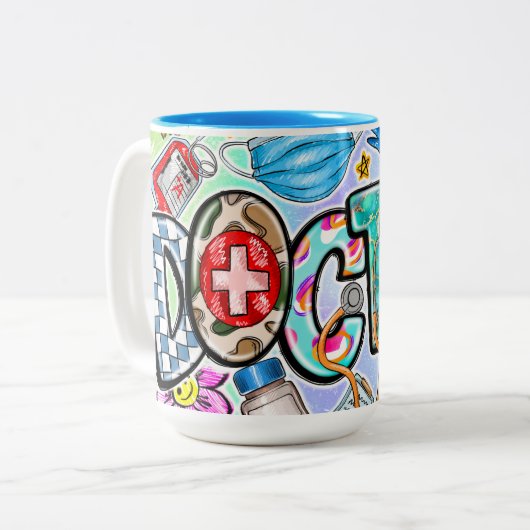 De tweekleurige keramische Mok van de arts (Voorkant links)