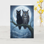 De uil en de zwarte kat Halloween Kaart (Gele Bloem)