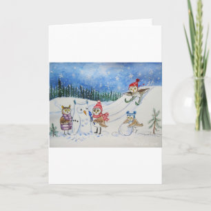 De uilen die van Kerstmis in sneeuw spelen Feestdagen Kaart
