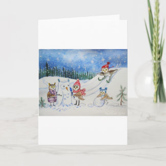 De uilen die van Kerstmis in sneeuw spelen Feestdagen Kaart