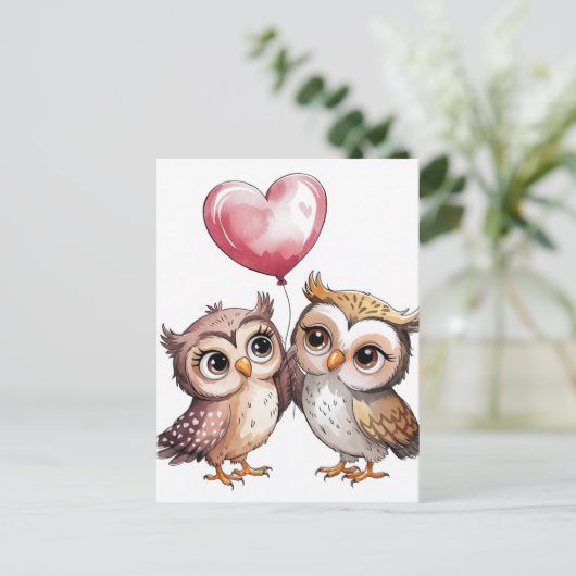 De uilen met een hartballon briefkaart (Staand voorkant)