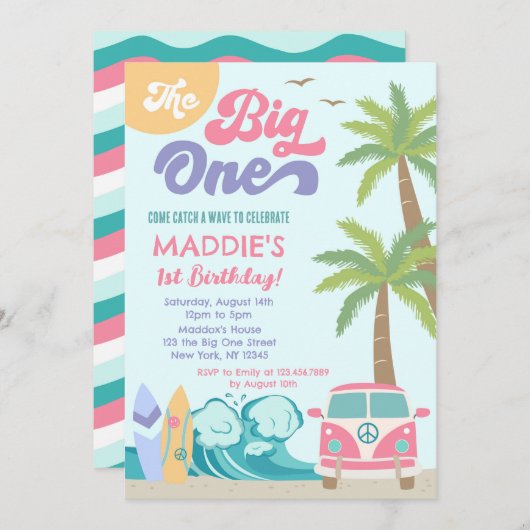 De uitnodiging van de Big One Surf om de verjaarda (Voorkant / Achterkant)