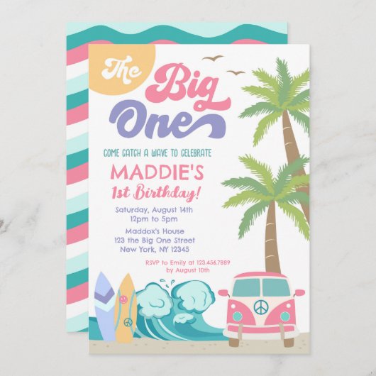 De uitnodiging van de Big One Surf om de verjaarda (Voorkant / Achterkant)