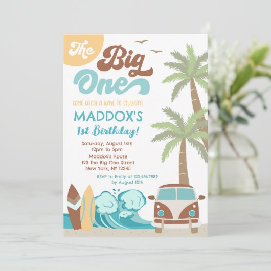 De uitnodiging van de Big One Surf Up Boy (Staand voorkant)