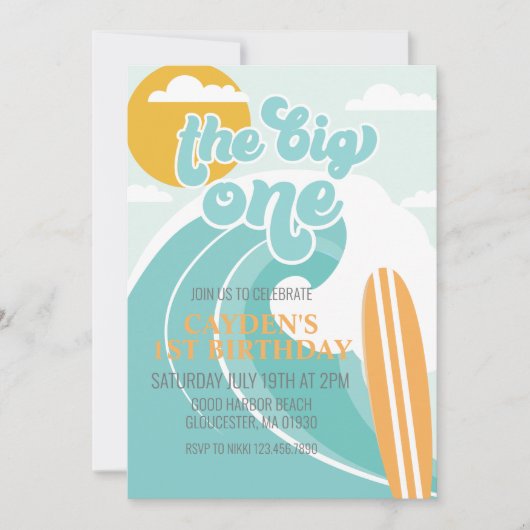 De uitnodiging van de Big One Wave Beach Birthday (Voorkant)