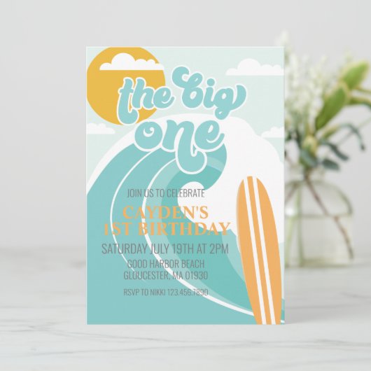 De uitnodiging van de Big One Wave Beach Birthday (Staand voorkant)