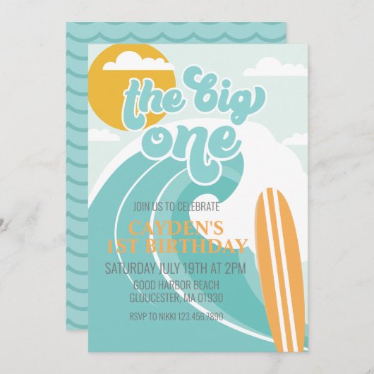 De uitnodiging van de Big One Wave Beach Birthday (Voorkant / Achterkant)
