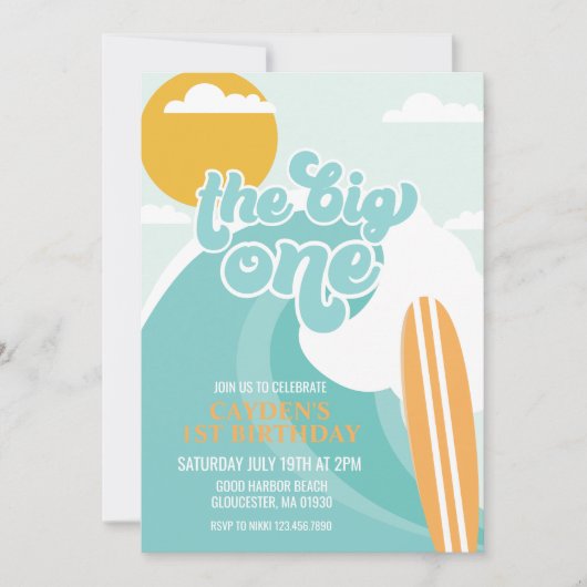 De uitnodiging van de Big One Wave Beach Birthday (Voorkant)