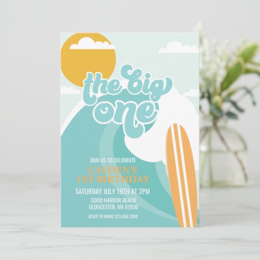 De uitnodiging van de Big One Wave Beach Birthday (Staand voorkant)