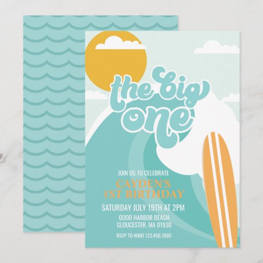 De uitnodiging van de Big One Wave Beach Birthday (Voorkant / Achterkant)