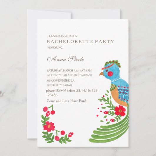 De uitnodiging van de Blue Quetzal Bachelorette Pa (Voorkant)
