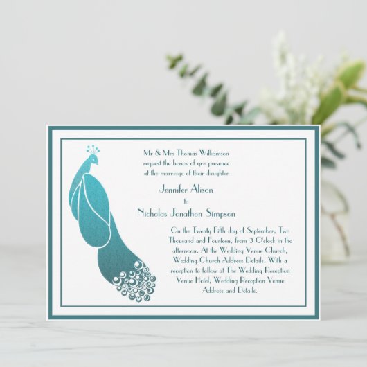 De Uitnodiging van de bruiloft Art Deco Peacock in (Staand voorkant)