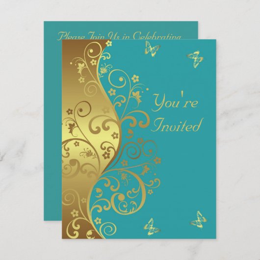 De Uitnodiging van de dag—Blauwgroen & goudzwenken (Voorkant / Achterkant)