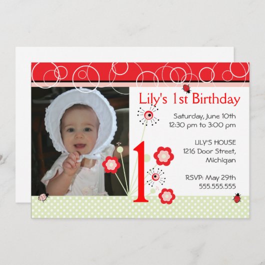 De Uitnodiging van de dag van de geboorte - Ladybu (Voorkant / Achterkant)