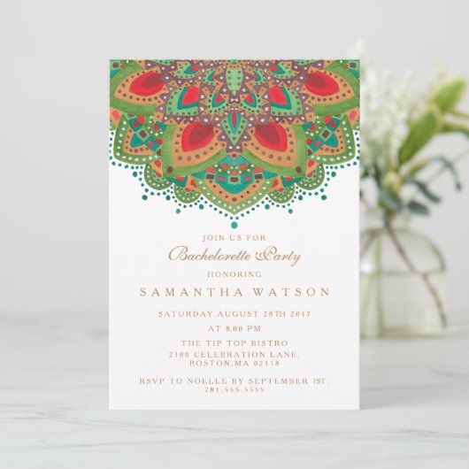 De uitnodiging van de Groene Mandala Bachelorette (Staand voorkant)