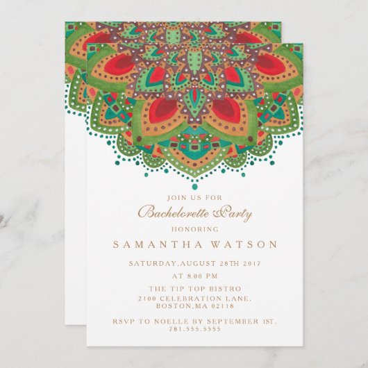De uitnodiging van de Groene Mandala Bachelorette (Voorkant / Achterkant)