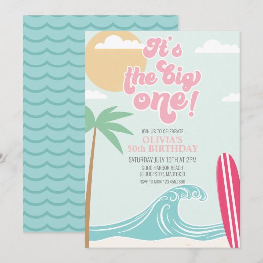De uitnodiging van de grote 'one roze Beach Birthd (Voorkant / Achterkant)