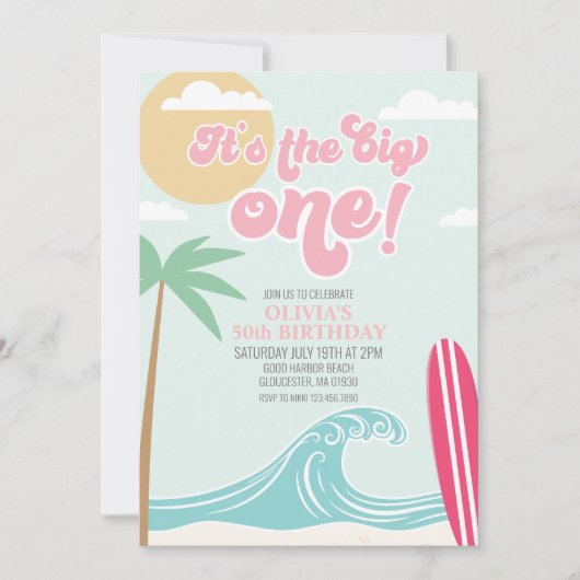 De uitnodiging van de grote 'one roze Beach Birthd (Voorkant)