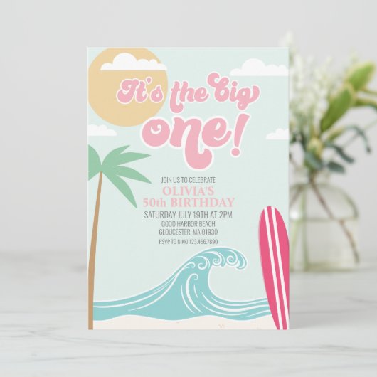 De uitnodiging van de grote 'one roze Beach Birthd (Staand voorkant)