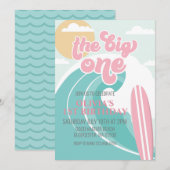 De uitnodiging van de grote 'one roze Beach Birthd (Voorkant / Achterkant)