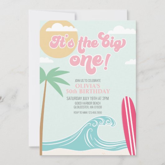 De uitnodiging van de grote 'one roze Beach Birthd (Voorkant)