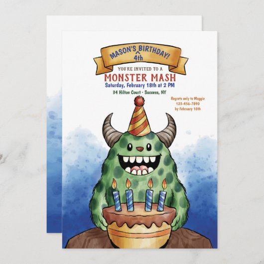 De uitnodiging van de Monster om de verjaardag te  (Voorkant / Achterkant)