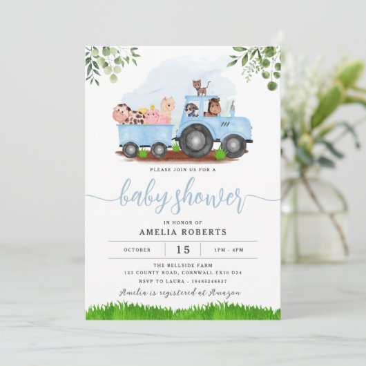 De uitnodiging van het Baby shower van het boerder (Staand voorkant)