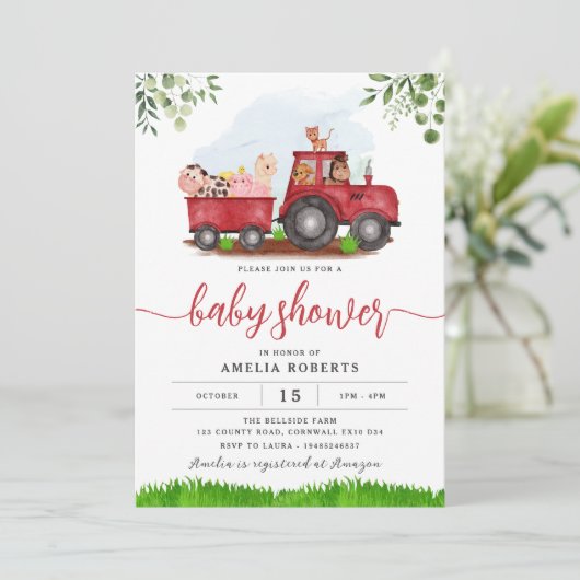 De uitnodiging van het Baby shower van het boerder (Staand voorkant)