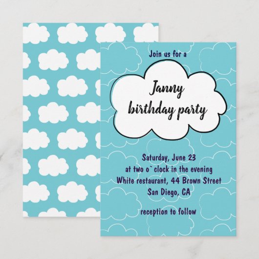 De uitnodiging van het feest met schattige wolken (Voorkant / Achterkant)